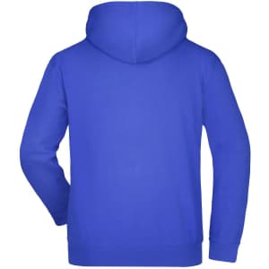 A blue hooded sweatshirt featuring a simple design and a logo on the back.