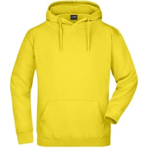 A bright yellow hoodie with a front pocket and adjustable drawstring hood. It has a logo on the chest area.