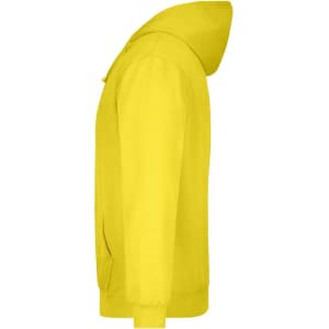 A yellow hooded sweatshirt displayed from the side, featuring a logo on the front pocket area.