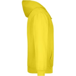 A yellow hooded sweatshirt featuring a front pocket and a logo on the chest.