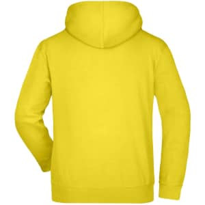 A yellow hooded sweatshirt featuring a simple design and a hoodie at the back. It has a logo present.