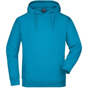 A turquoise hooded sweatshirt featuring a front pocket and adjustable drawstrings, with a logo present.