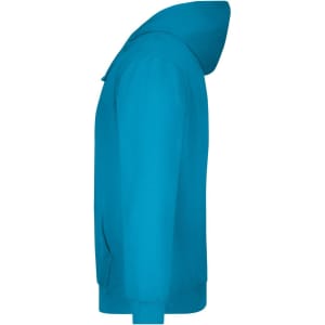 A turquoise hooded sweatshirt featuring a front pocket and a logo on the side.