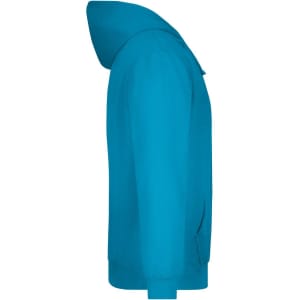 A blue hooded sweatshirt displayed from the side, featuring a hood and a front pocket. It has a logo on the chest.