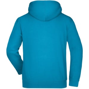 A hooded sweatshirt in a vibrant blue colour, featuring a logo. The back view highlights the hood and cuffs.
