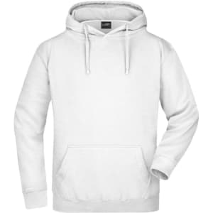 A white hooded sweatshirt featuring a front pocket and drawstrings, with a logo on the interior label.