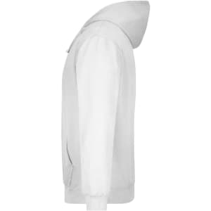 A grey hooded sweatshirt featuring a front pocket and a logo, shown from the side.