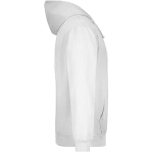 A white hooded sweatshirt displayed from the side, featuring a hood and pockets. It has a logo on it.
