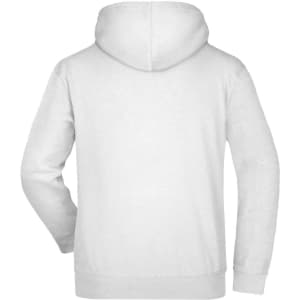 A white hooded sweatshirt featuring a simple design and a logo on the back.