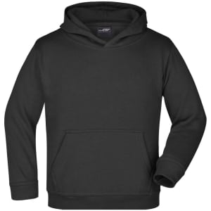 A black hooded sweatshirt with a front pocket and a logo, featuring long sleeves and a drawstring hood.