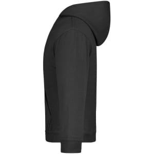 A black hooded sweatshirt for juniors, featuring a side view with a hood and long sleeves. It has a logo.