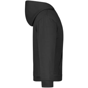 A black hooded junior sweatshirt featuring a kangaroo pocket and a logo. Side view displays the hood and sleeve.
