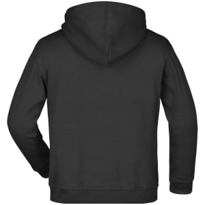 A black hooded junior sweat jumper featuring a plain design and a logo on the back.