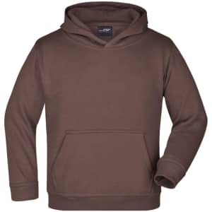 A brown hooded sweatshirt with a front pocket and a logo. Suitable for juniors.