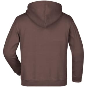 A brown hooded sweatshirt with a back view, featuring a simple design and a logo.