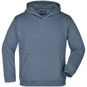 A blue hooded sweatshirt with a front pocket and a logo. Suitable for juniors.