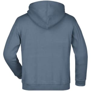 A hooded junior sweatshirt in a blue shade with a plain back and a hood. It features branding on the back.