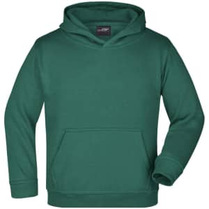 A green hooded sweatshirt with a front pocket and a logo on the label.