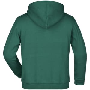 A green hooded sweatshirt with a large back pocket and a logo on the front.