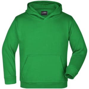 A green hooded jumper featuring a front pocket and a logo. Suitable for juniors.