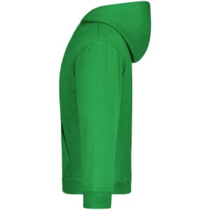 A green hooded sweatshirt with a side view, featuring a hood and a simple design. It includes a logo.