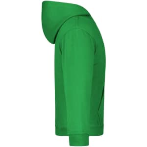 A green hooded sweatshirt for juniors, featuring a side view with a hood and long sleeves. It has a logo.