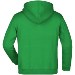 A green hooded sweatshirt with a plain design, featuring a hood and long sleeves.