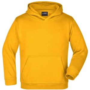 A bright yellow hooded sweatshirt with a front pocket and a logo. Designed for juniors.