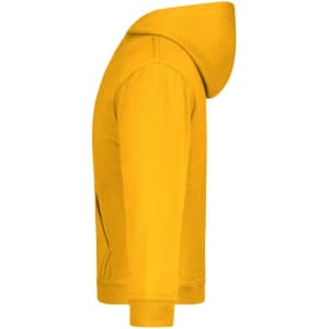 A yellow hooded sweatshirt with a kangaroo pocket and a branding logo. The garment features a comfortable hood.