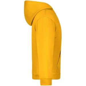 A yellow hooded sweatshirt with a kangaroo pocket and a hood, featuring a logo on the front.
