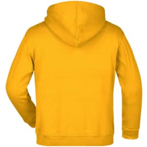 A yellow hooded sweatshirt designed for juniors, featuring a logo on the back.