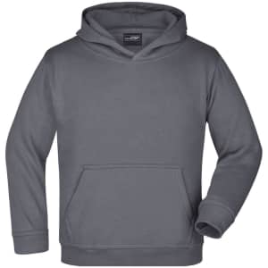 A grey hooded sweatshirt with a front pocket and an attached hood. It has a logo on the label area.