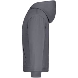 A grey hooded sweatshirt featuring a side view and a kangaroo pocket. It has a logo on the front.