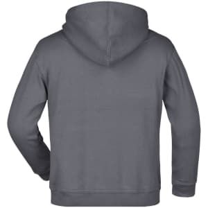 A grey hooded sweatshirt with a plain back and no visible logos or branding.