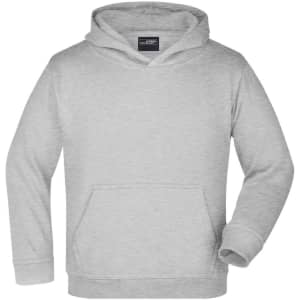 A grey hooded sweatshirt with a front pocket and a logo on the label.