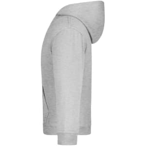 A grey hooded sweatshirt with a kangaroo pocket and a logo on the front.