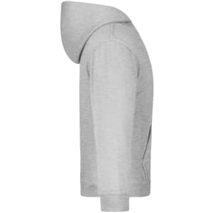 A grey hooded sweatshirt with a side view showing the hood and sleeves. It features a logo.
