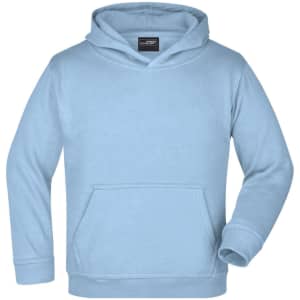 A light blue hooded sweatshirt featuring a front pocket and a hood. The design includes a logo on the label.