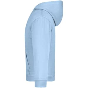 A light blue hooded jumper with a side view showing the hood and sleeve detail. It has a logo on it.