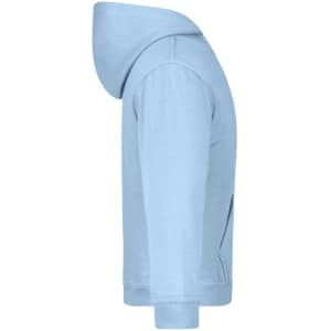 A light blue hooded sweatshirt with a side view, featuring a logo on the front pocket.
