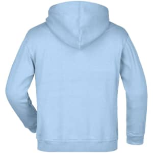 A light blue hooded sweatshirt with a kangaroo pocket and a solid colour design. It features a logo on the back.