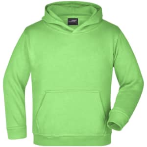 A bright green hooded sweatshirt with a kangaroo pocket and a logo on the label.