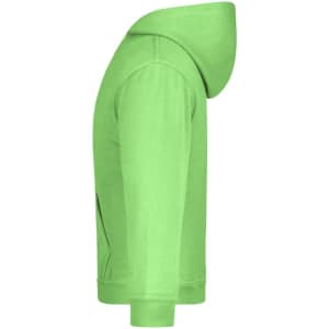 A hooded sweatshirt in vibrant green with a side view showcasing the hood and sleeves. It features a logo.