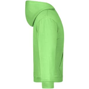 A green hooded junior sweatshirt with a kangaroo pocket and a logo on the front.