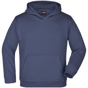A navy hooded sweatshirt featuring a front pocket and a logo on the interior label. Suitable for juniors.