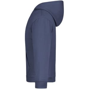 A navy hooded sweatshirt with a side view, featuring a hood and long sleeves. It has a logo on the front.