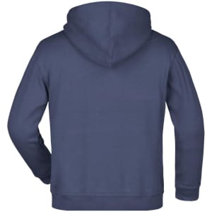 A navy blue hooded sweatshirt with a plain back and a drawstring hood. It features an unlabelled logo.