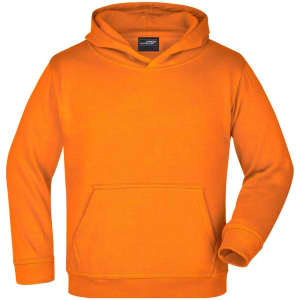 An orange hooded sweatshirt featuring a front pocket and a branding logo on the neckline.