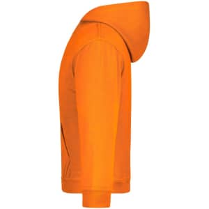 An orange hooded sweatshirt with a side view showcasing the hood and sleeve design. It features a logo.