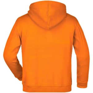 A hooded sweat junior in vibrant orange, featuring a simple back design and a hood. Includes a logo.